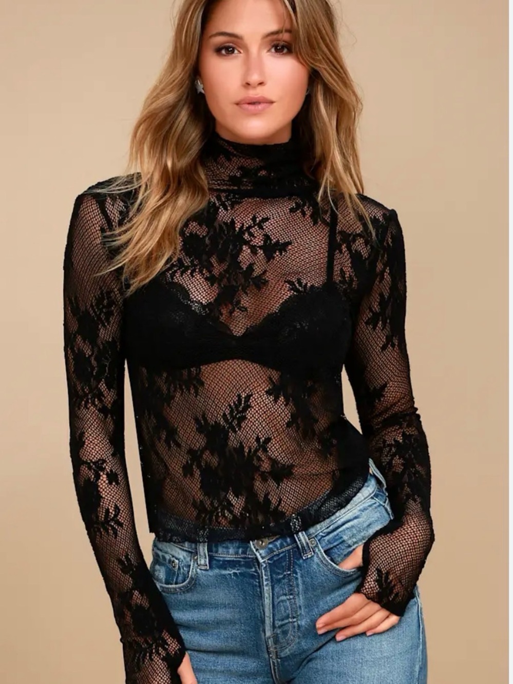 Black Lace Long Sleeve Top - Sheer Floral Mesh